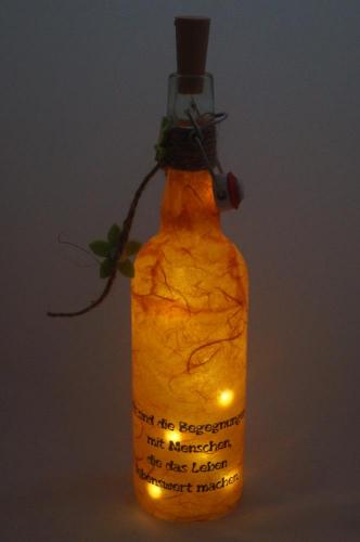 Dekoflasche Leuchtflasche orange mit Spruch,Lichterkette