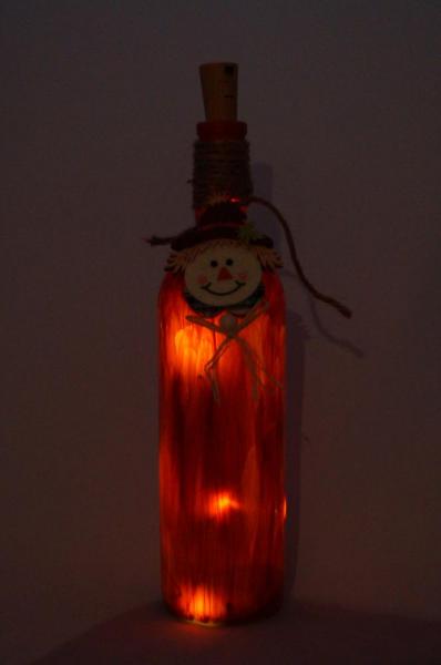 Leuchtflasche Flasche Herbst Kürbis Lichterkette handbemalt
